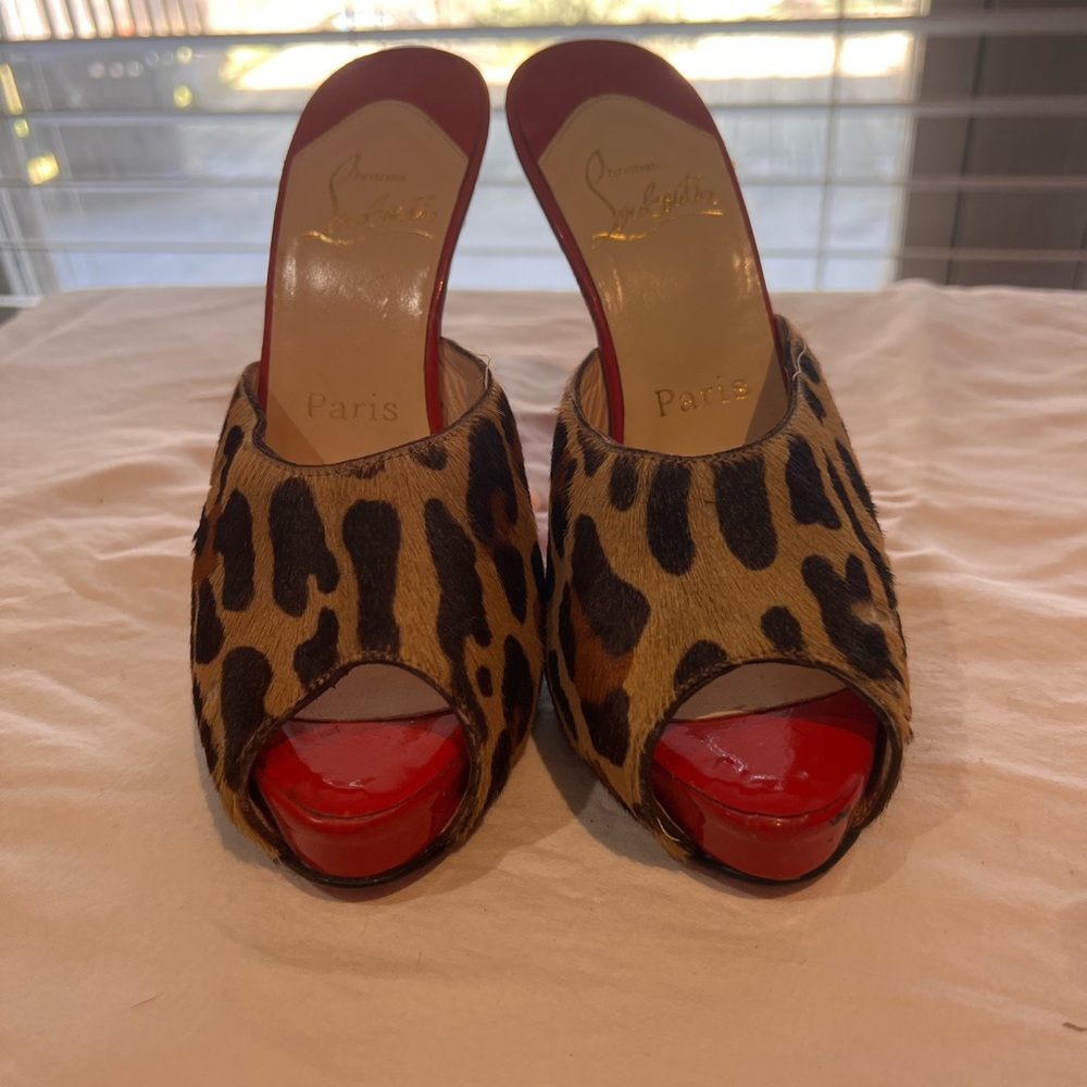 Vintage Christian Louboutin Leopard Print Red Peep Toe Heels